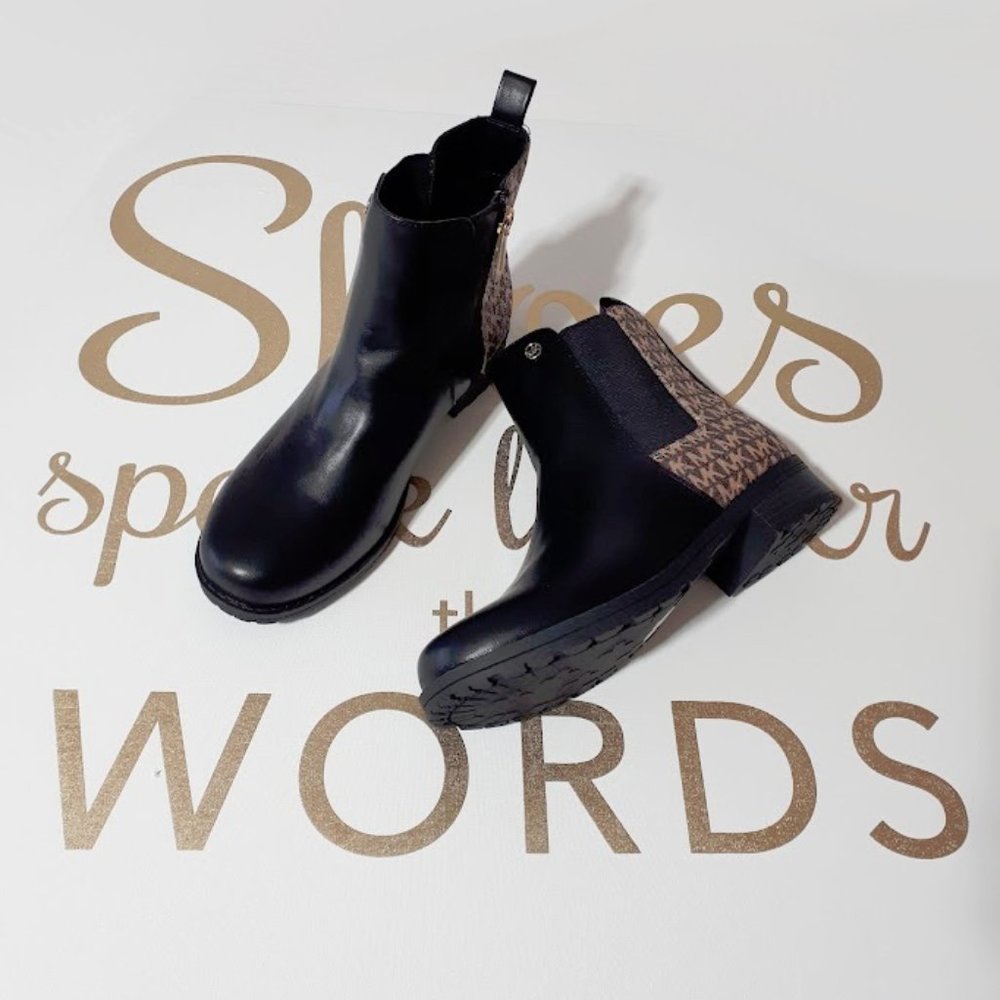 NWOT Michael Kors black faux leather glitter monogram logo heeled ankle boots
